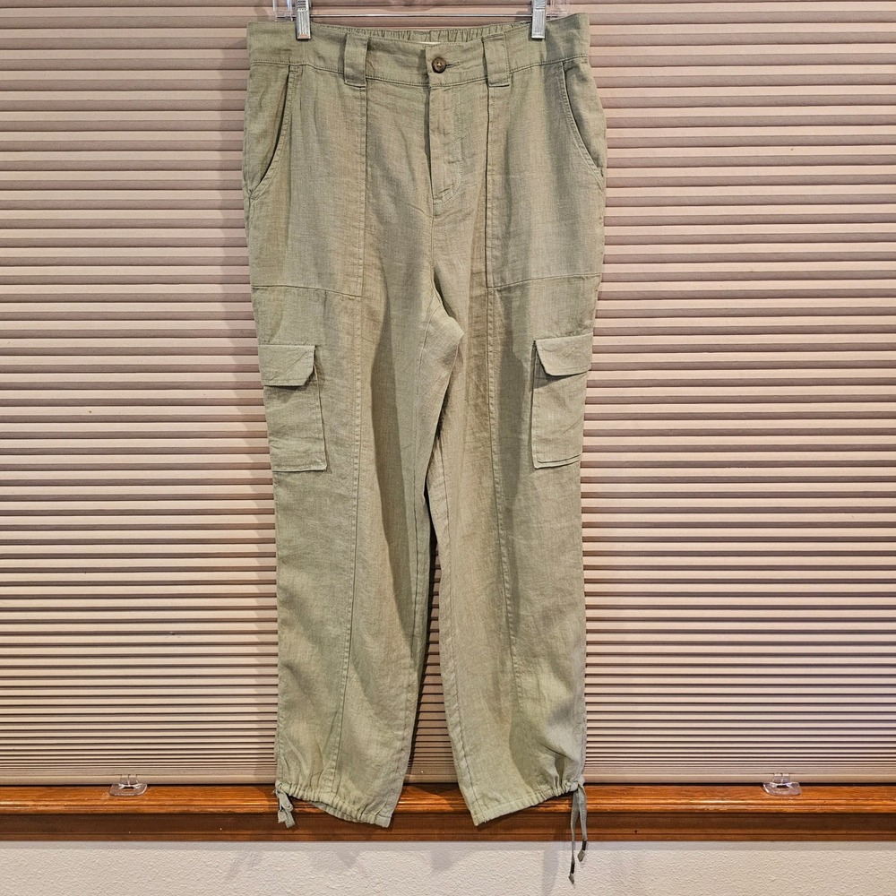 C&C California Womens Large Linen Cargo Pants Sage Green Olive Drawstring Hem L